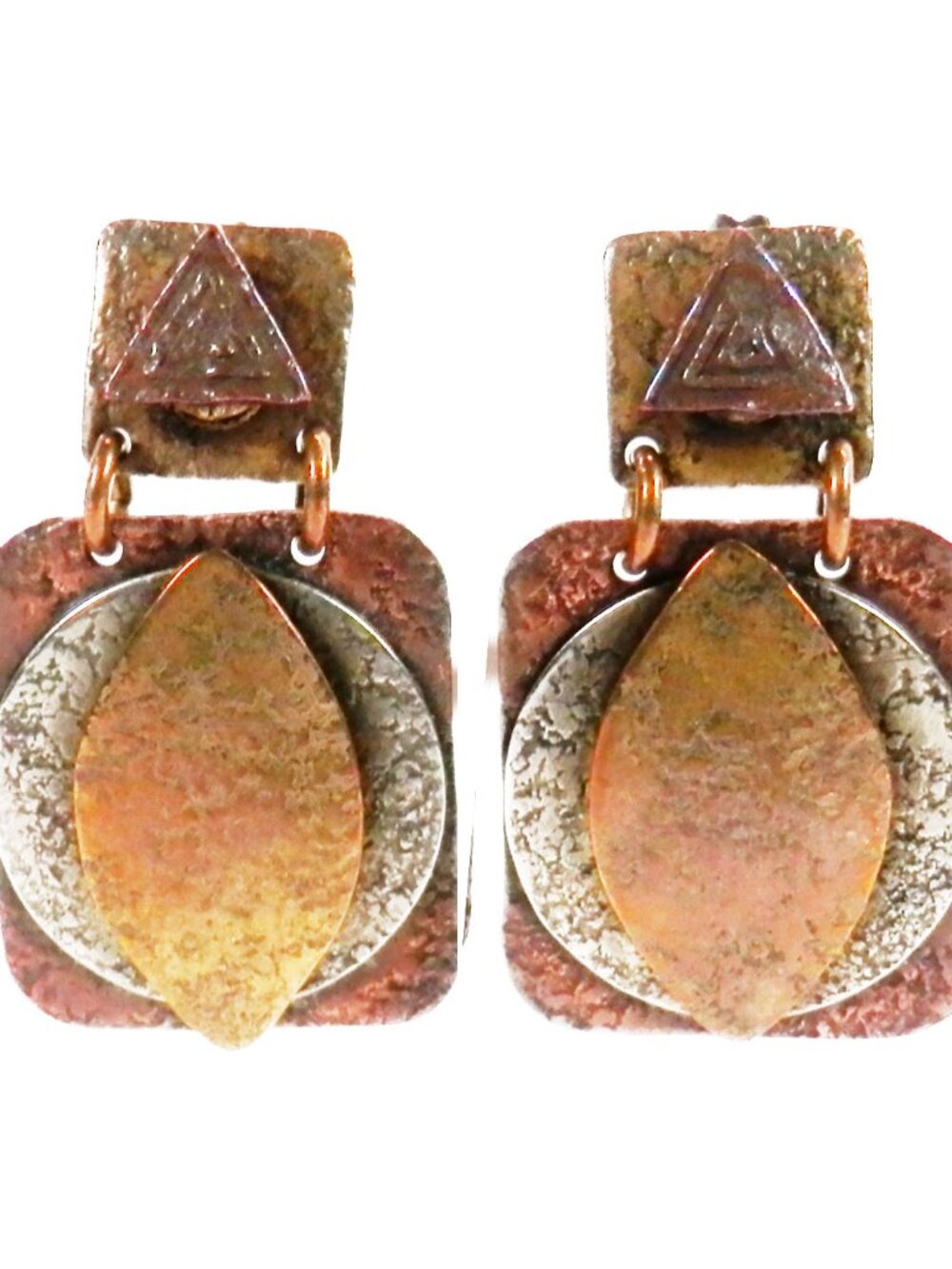 Baer SF Artisan Copper Brass Dangle Earrings Modernist Studio Jewelry Pierced